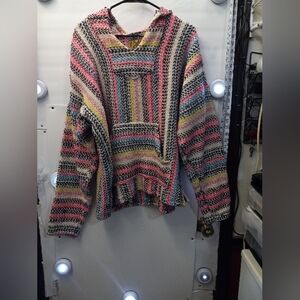 Baja Joe Knit Jerga Fabric Pinstripe Beach Boho Peasant Hoodie Sweater Fringe